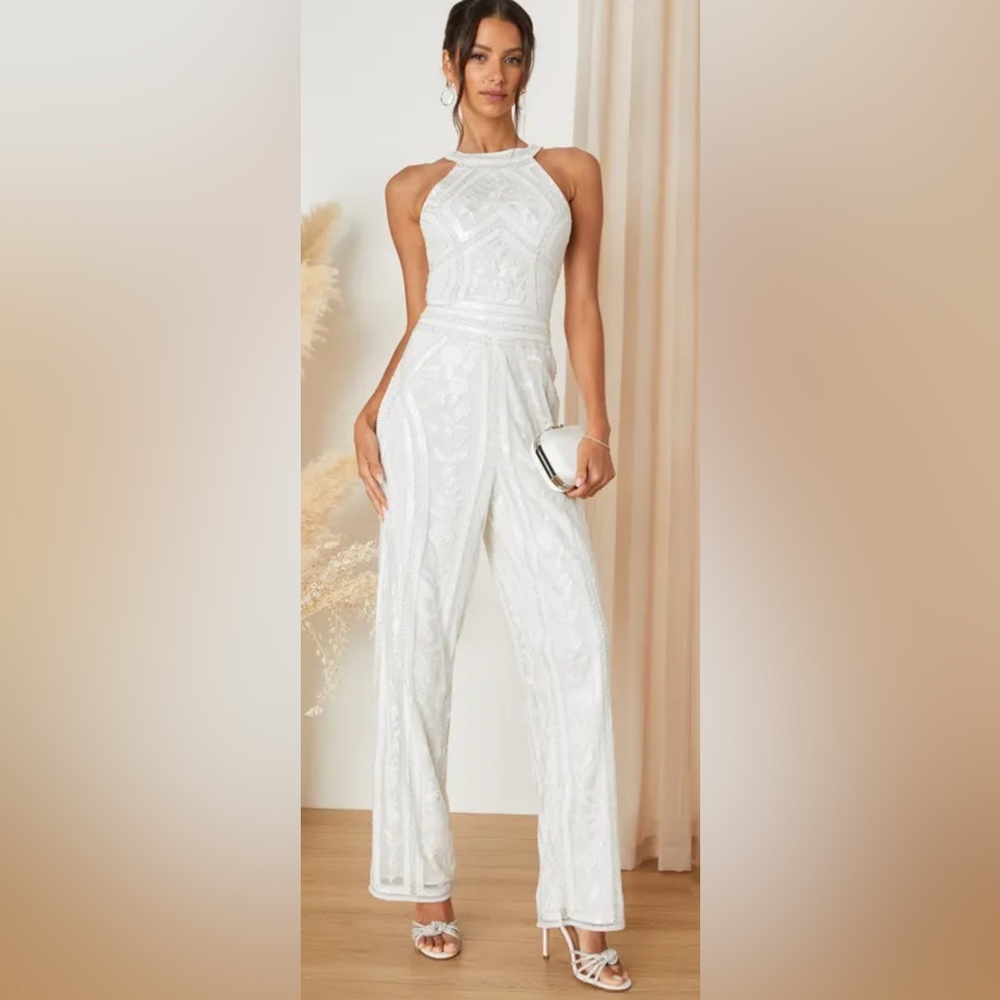 Tell Me Everything White Beaded Sequin Wide-Leg Jumpsuit